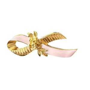 Signed Avon Pin Bow Ribbon Pin Brooch Gold Tone Breast Cancer Awareness Vintage
